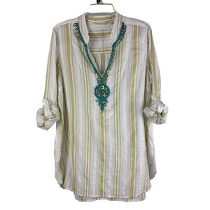 Soft Surroundings Shirt Women's Sz L  Beaded Embellished Adjustable Sleeves